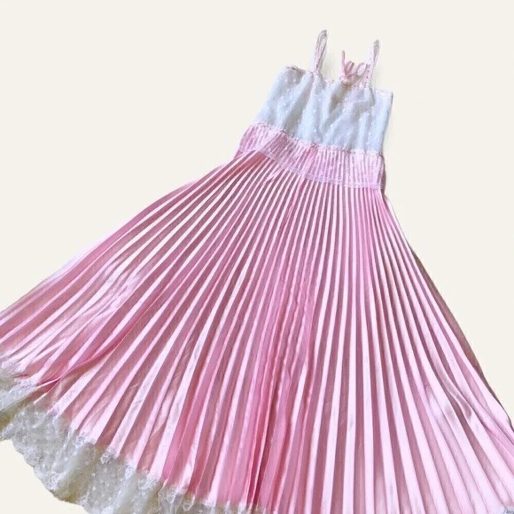 Vintage 70s Pink Satin Lace Peignoir Set Slip Dress & Robe Romantic Edwardian - Picture 14 of 16